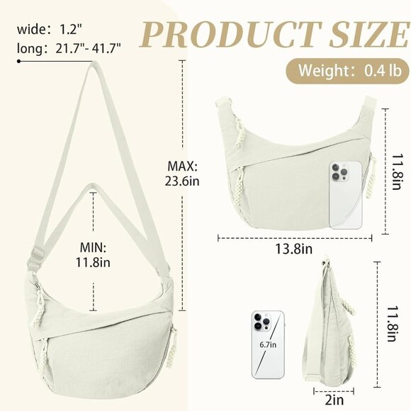 Nylon Crescent Crossbody Bag - Stylish Dumpling Design, Adjustable Strap, Beige - Picture 2 of 7